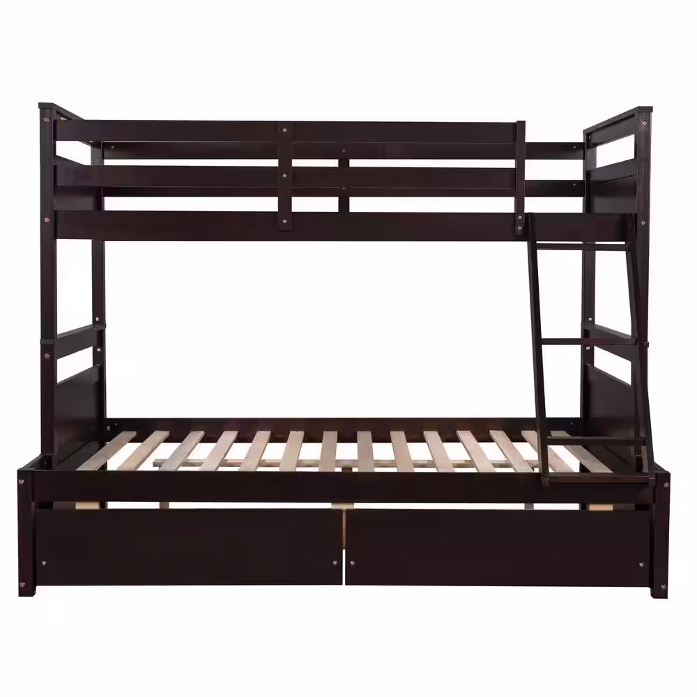 Harper & Bright Designs Espresso Twin over Full Wood Bunk Bed with 2-Drawers