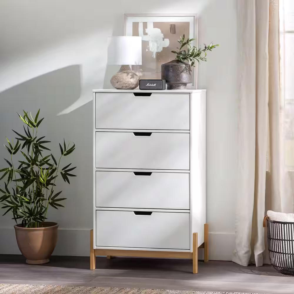 Welwick Designs 4-Drawer White Wood Modern Chest of Drawers with Contrasting Legs