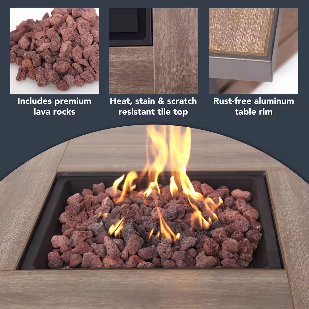 Hampton Bay Summerfield 44 in. x 24.5 in. Square Steel Gas Fire Pit with Wood-Look Tile Top