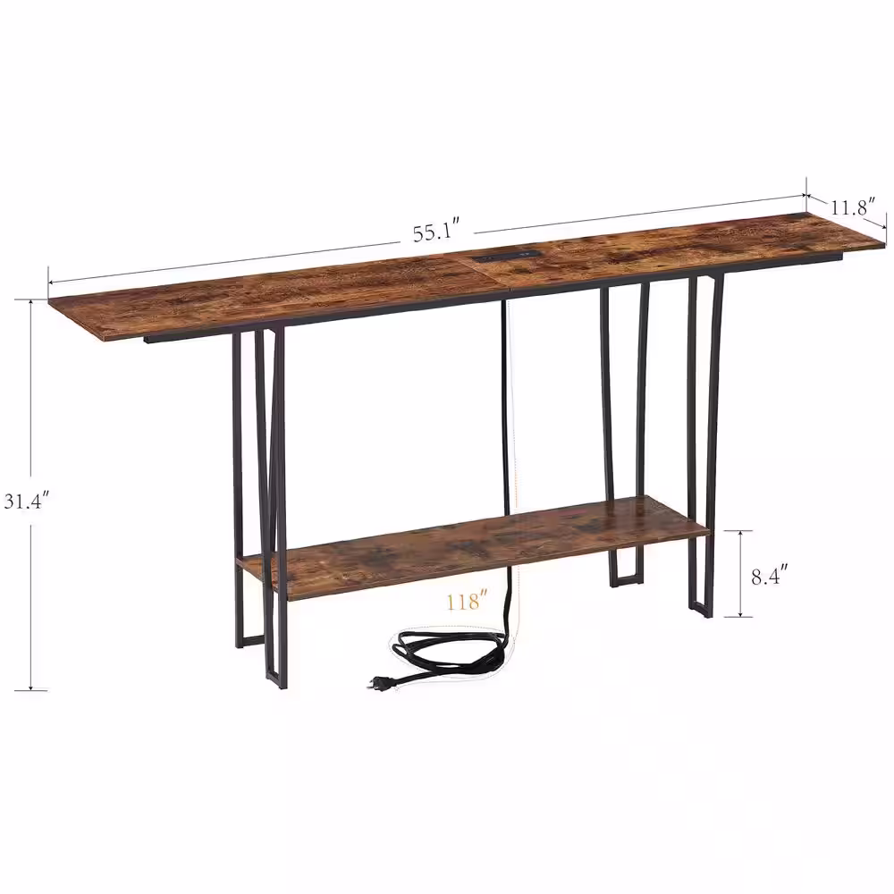 VECELO Modern Narrow Console Tables 55.1 in. Rectangle Wood Console Table with Shelves, Sofa Side Table, Foyer Table Brown