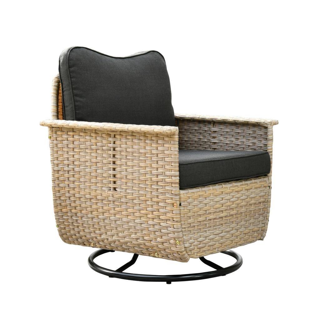 HOOOWOOO Echo Beige 6-Piece Wicker Multi-Function Patio Conversation Sofa Set with Swivel Rocking Chairs and Black Cushions