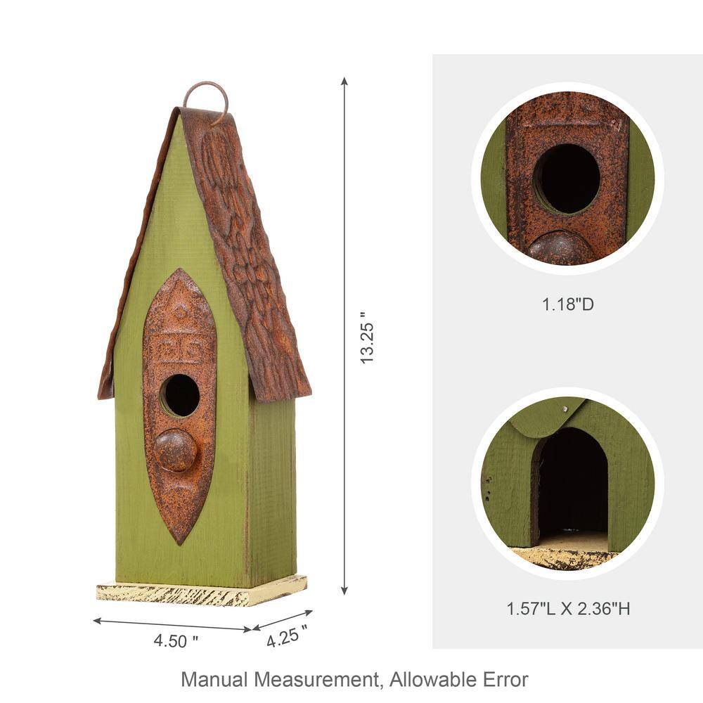 Glitzhome 13.25 in. H Wood Green Solid Distressed Birdhouse