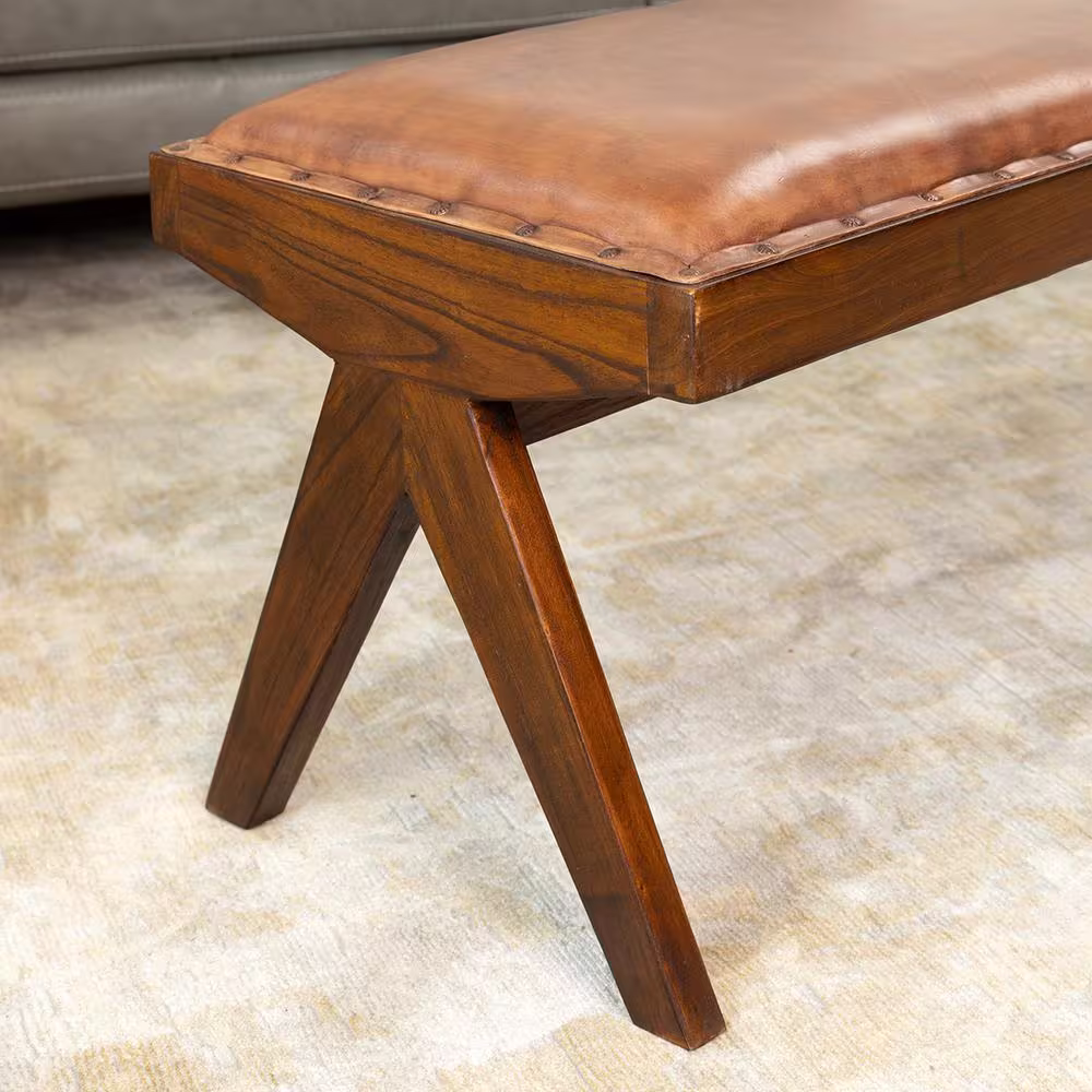 Ashcroft Furniture Co Fischer Mid-Century Modern Genuine Leather Upholstered Living Room Entryway Bedroom Bench in Tan Brown