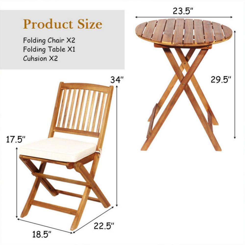 Clihome 3-Piece Acacia Wood Patio Conversation Set Folding Bistro Set with White Padded Cushion and Round Coffee Table