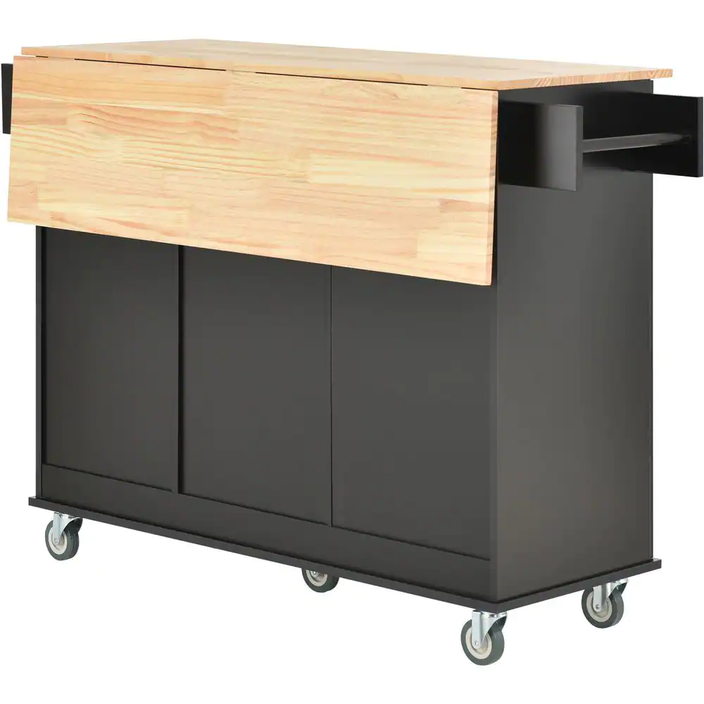 None Black Rolling Kitchen Island Cart with Rubber Wood Drop-Leaf Countertop (52 in. W)