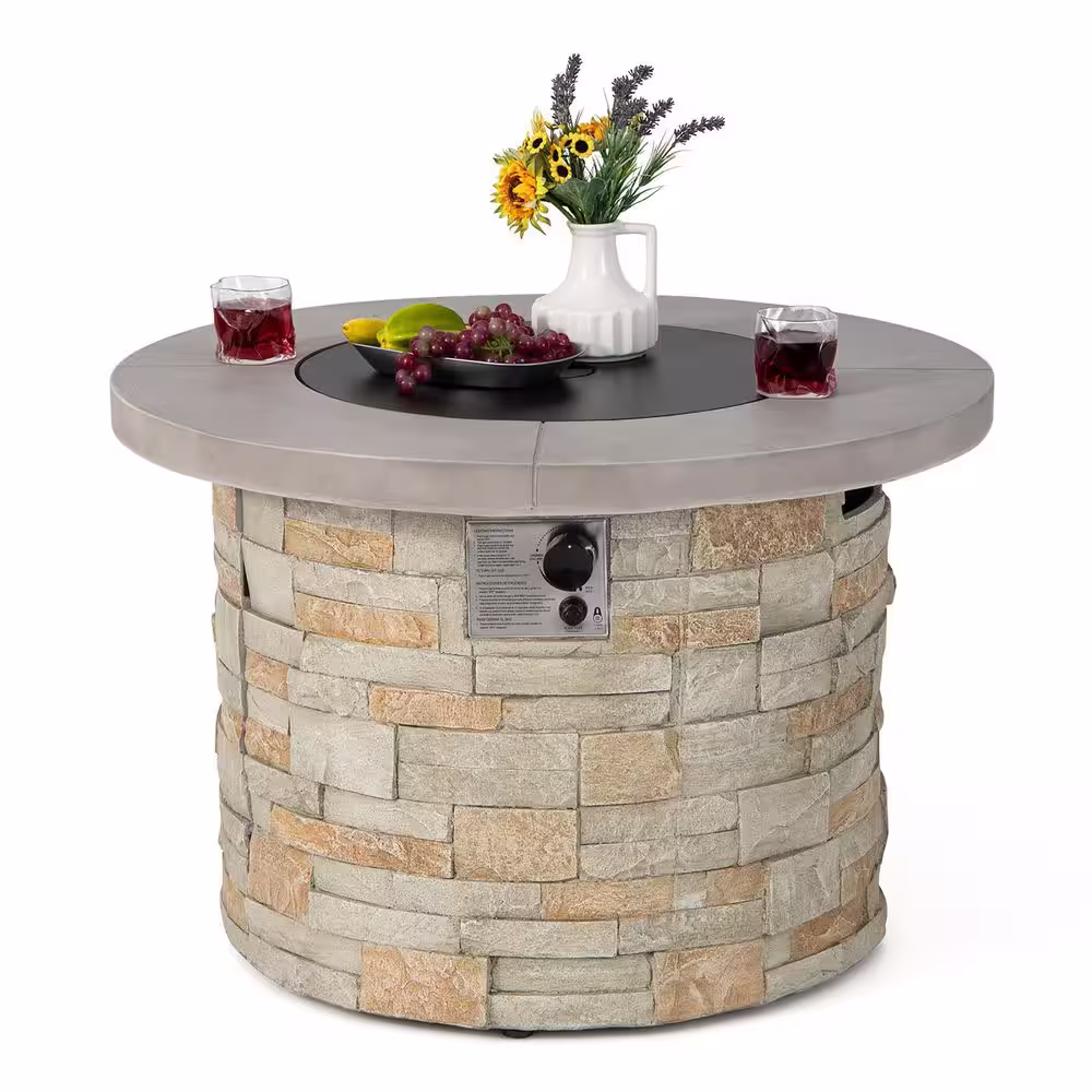 Costway 36 in. Round Propane Gas Fire Pit Table Faux Stone w/Lava Rock PVC cover