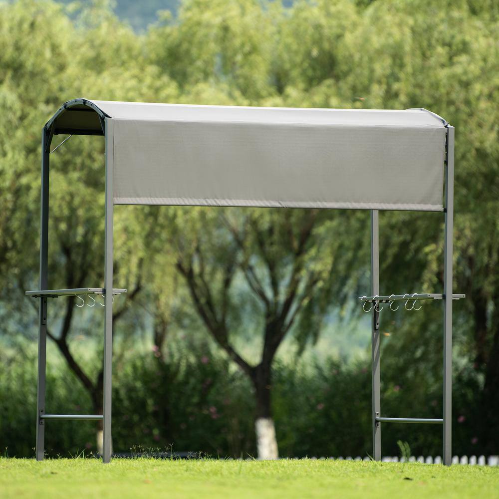Sungrd 7 ft. x 6.8 ft. Gray Steel Double Tiered Patio BBQ Gazebo with Side Awning, Bar Counters and Hooks