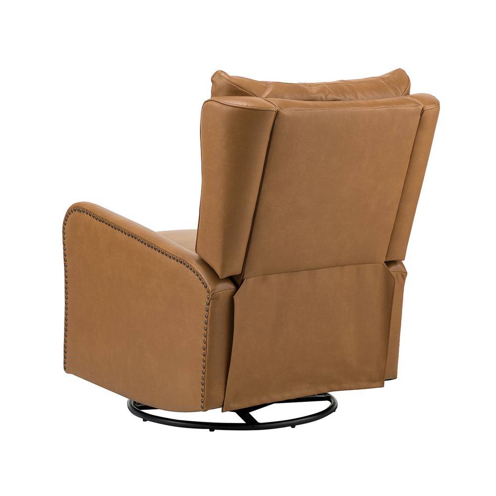 JAYDEN CREATION Herbert Camel Genuine Leather Manual Swivel Recliner Nursery Chair with Nailhead Trims
