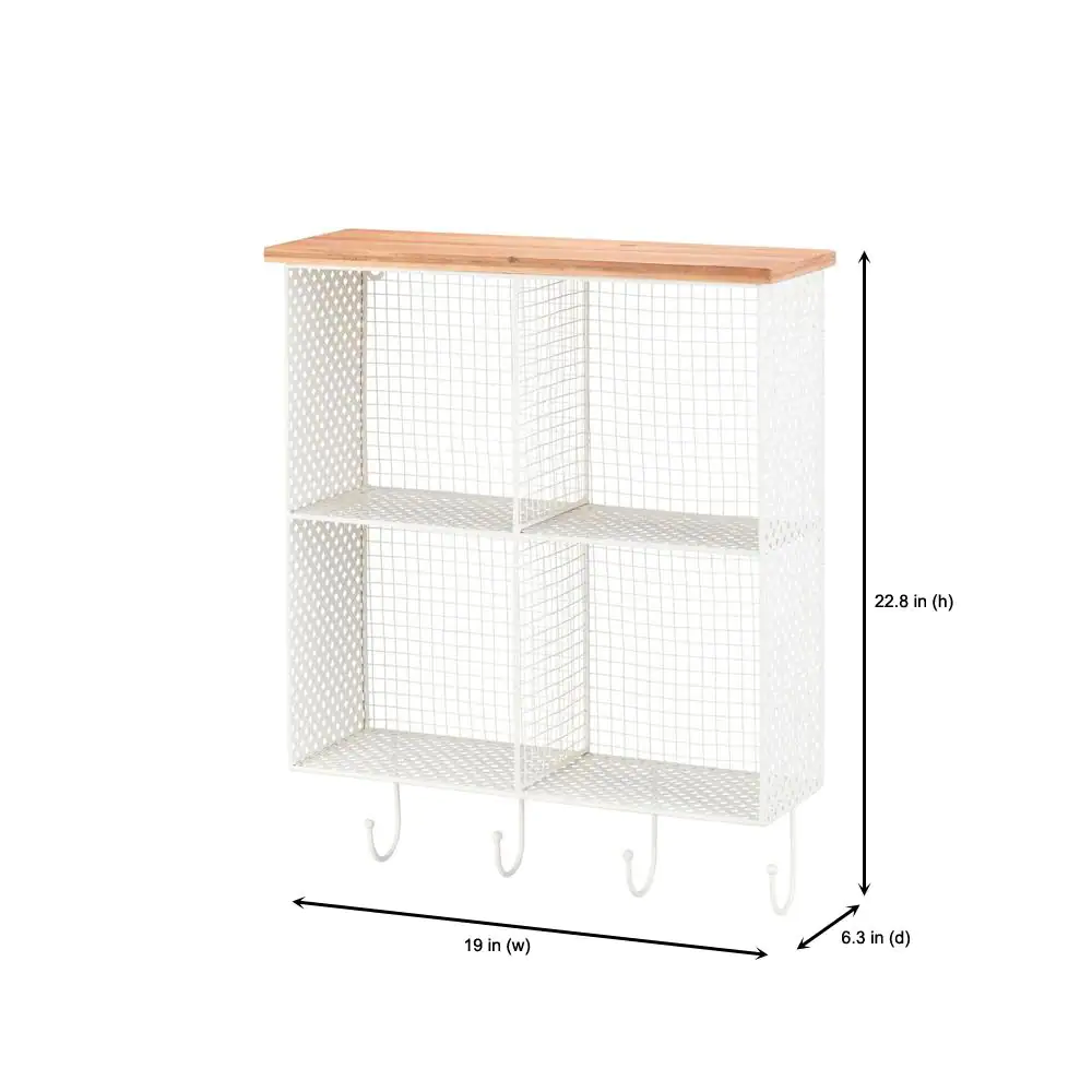 StyleWell 23 in. H x 19 in. W x 6 in. D White Metal Wall-Mount Storage Shelf with 4 Hooks and Cubbies