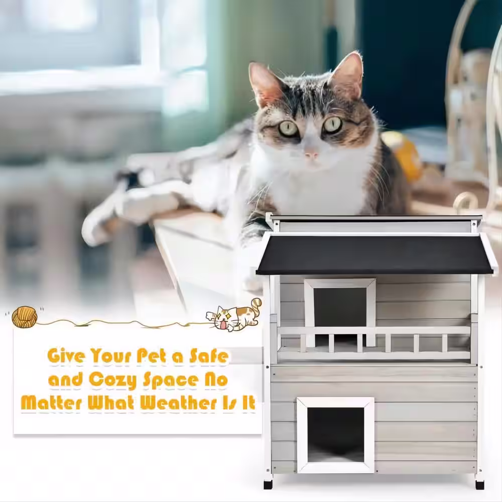 None 2-tier Wooden Patio Cat House with Balcony