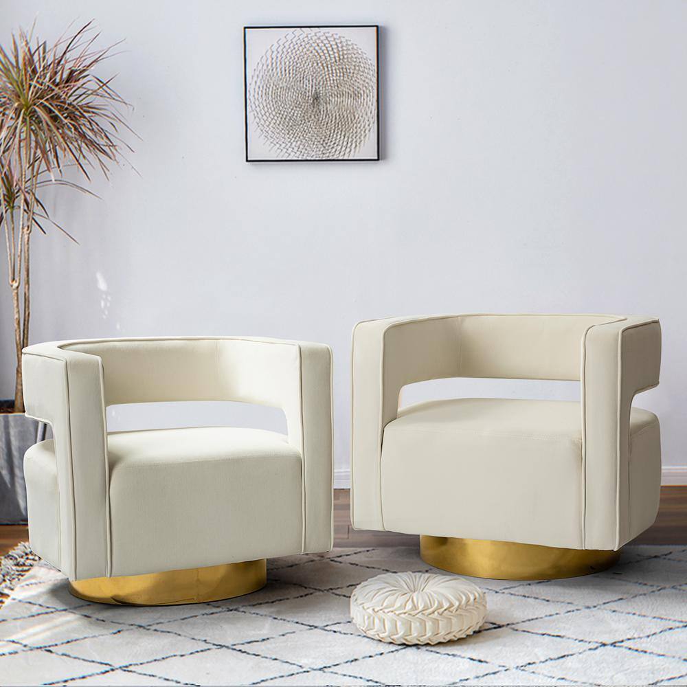 JAYDEN CREATION Gustaf Contemporary Ivory Velvet Comfy Swivel Barrel Chair with Open Back and Metal Base (Set of 2)