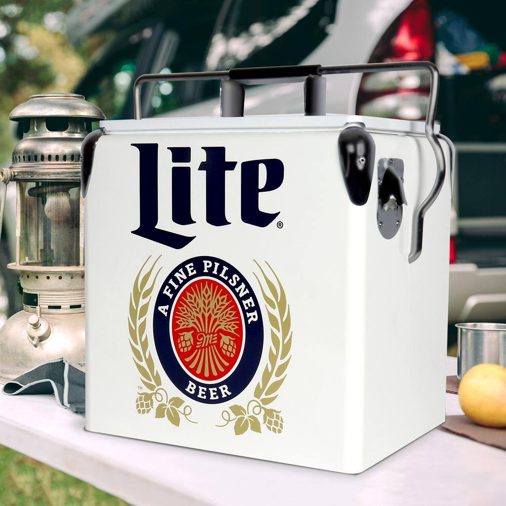 Koolatron Miller Lite Retro Ice Chest Beverage Cooler with Bottle Opener 13L (14 qt.) 18 Can, White and Blue