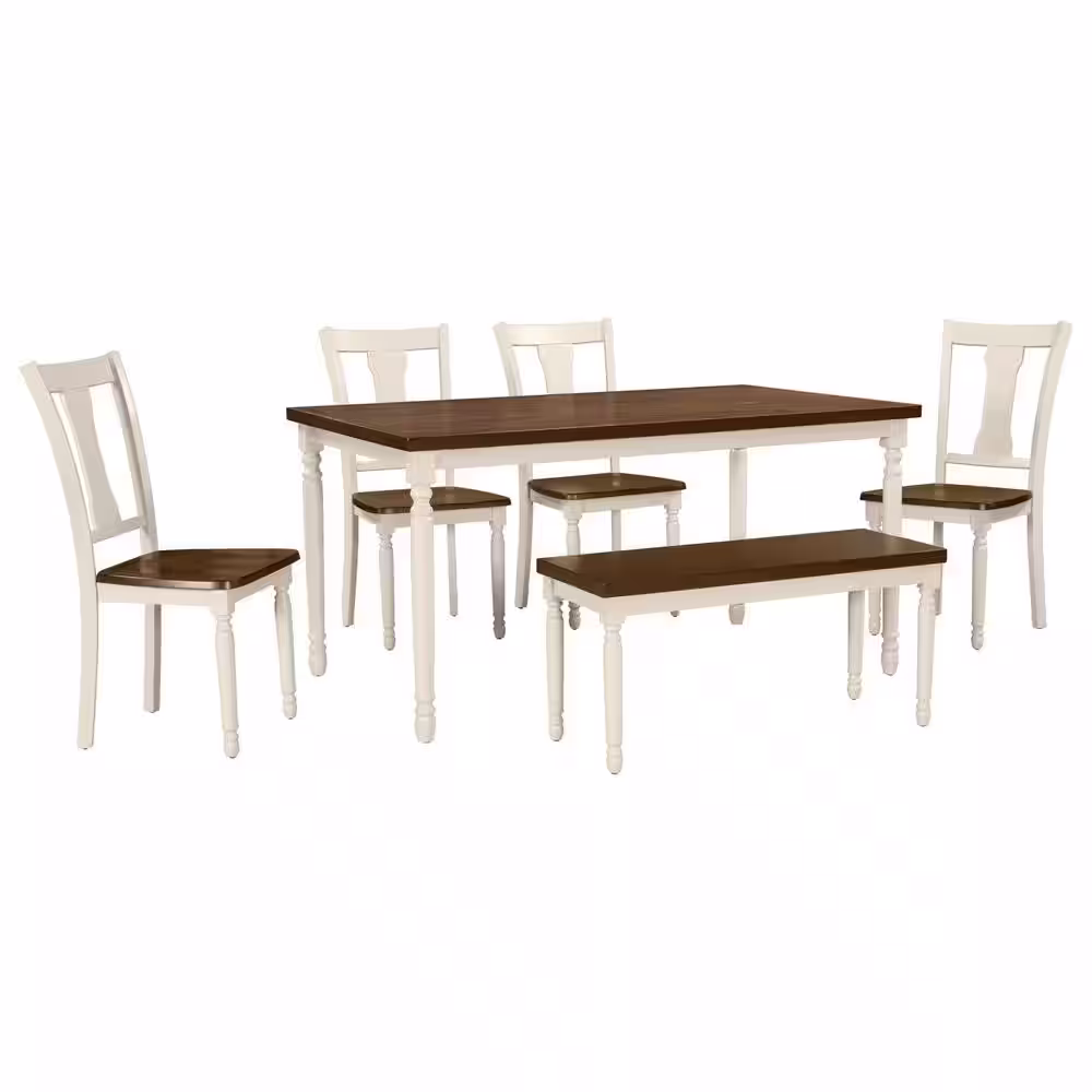 Qualler Brown 6-Piece Wood Top Dining Table with 4 Chairs and Bench