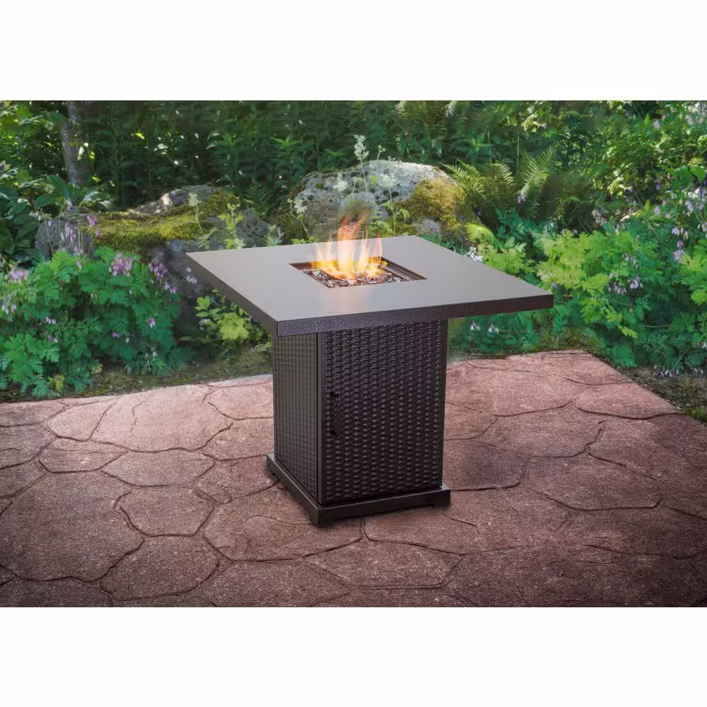 Pleasant Hearth Warren 30 in. x 27 in. Square Steel Propane Gas Fire Pit Table in Hammered Bronze with Glass Fire Rocks