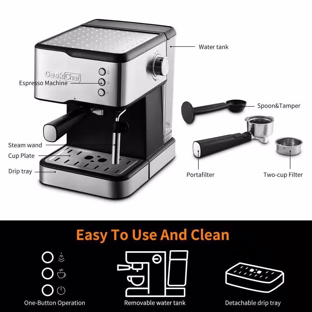 None 2-Cup Light Gray Espresso Machine with 1.5 L detachable transparent water tank
