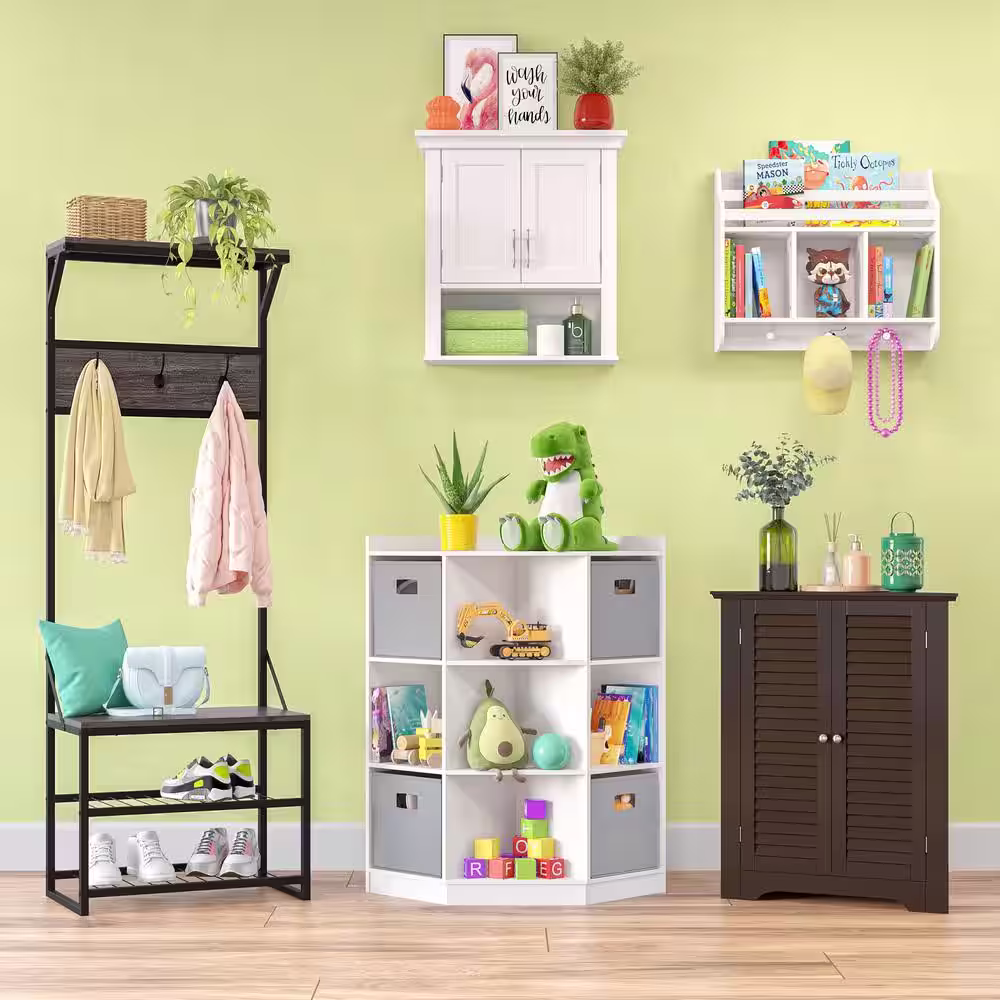 RiverRidge Home Kids White Wall Shelf with Cubbies and Bookrack