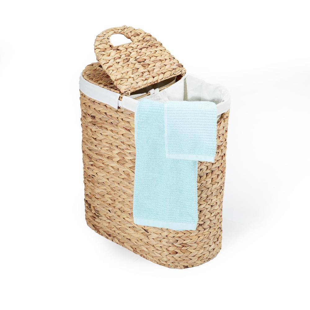 Seville Classics Hand Woven Natural Wicker Water-Hyacinth Lidded Oval Double Laundry Hamper with Bags