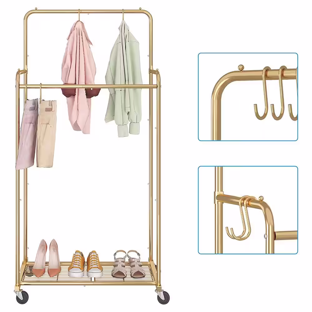 None Gold Metal Garment Clothes Rack With Double Rod 29 in. W x 60 in. H