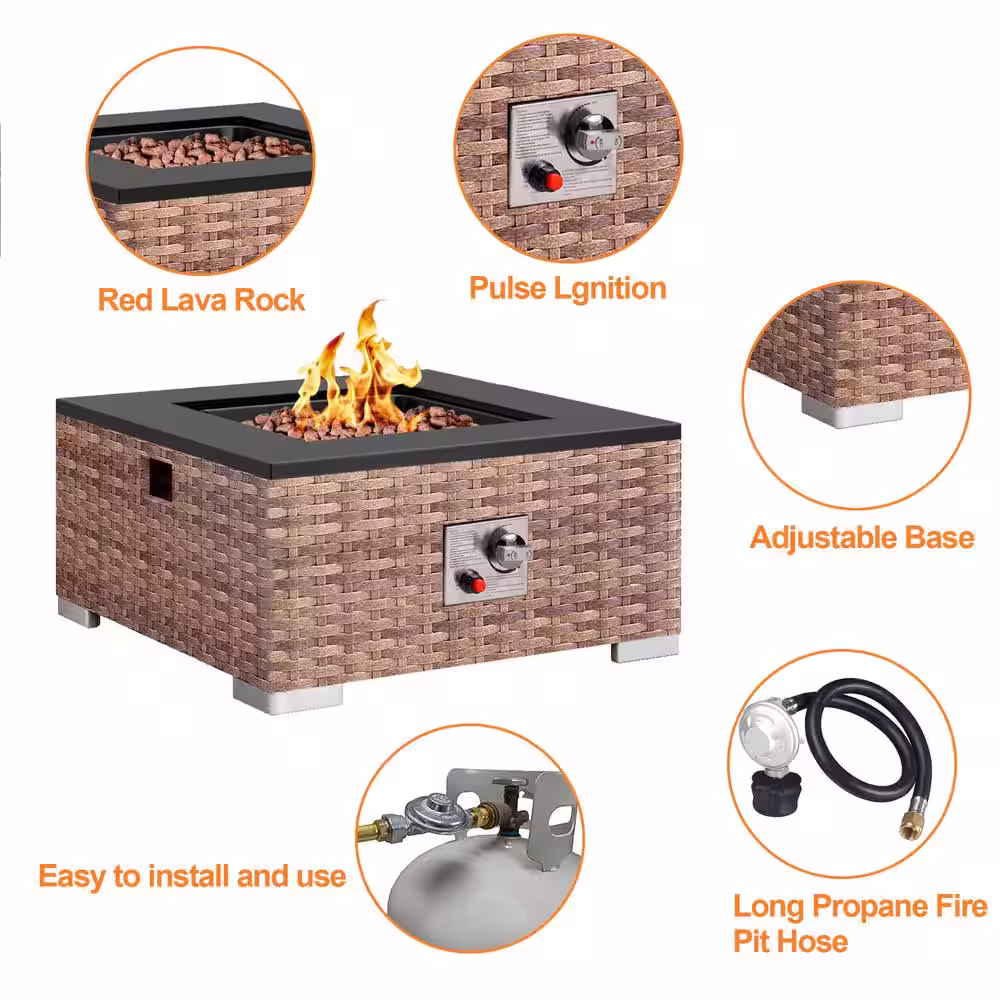 None 23.6 in. Brown Square Rattan Propane Gas Fire Pit Table 50,000-BTU with Ceramic Tabletop and Water-Resistant Cover