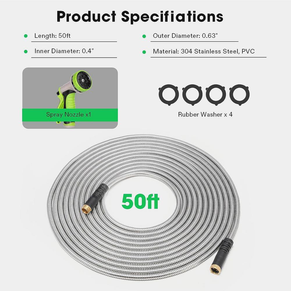 VIVOGROW 0.4 in. Dia. x 50 ft. Stainless Steel Water Hose with Brass Fittings and 10 Function Nozzle