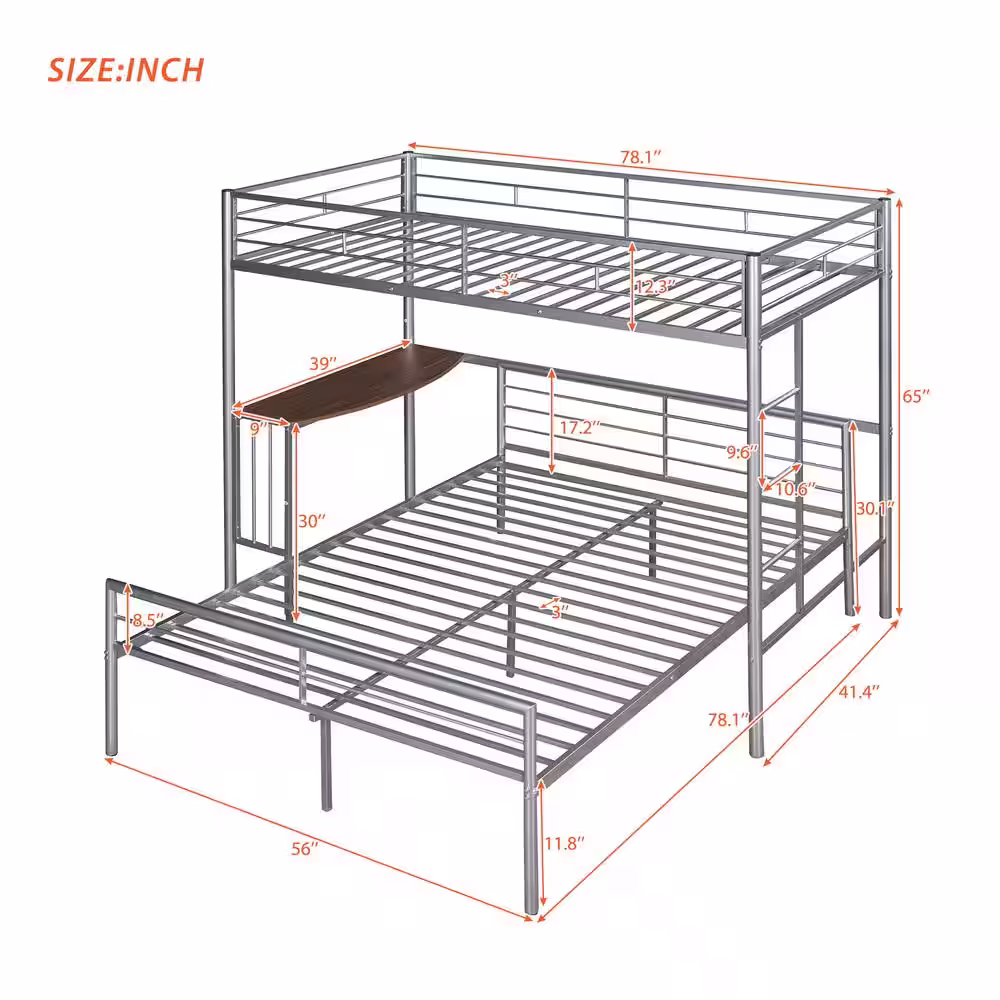 Polibi Twin Over Full Metal Bunk Bed in Silver with Desk, Ladder and Quality Slats