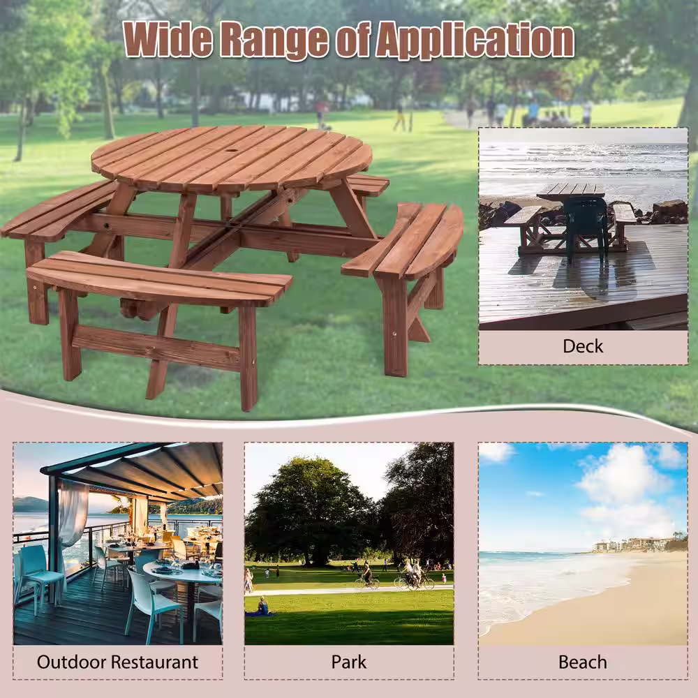 None 8-Person Wooden Picnic Table with 4 Built-in Benches and Umbrella Hole