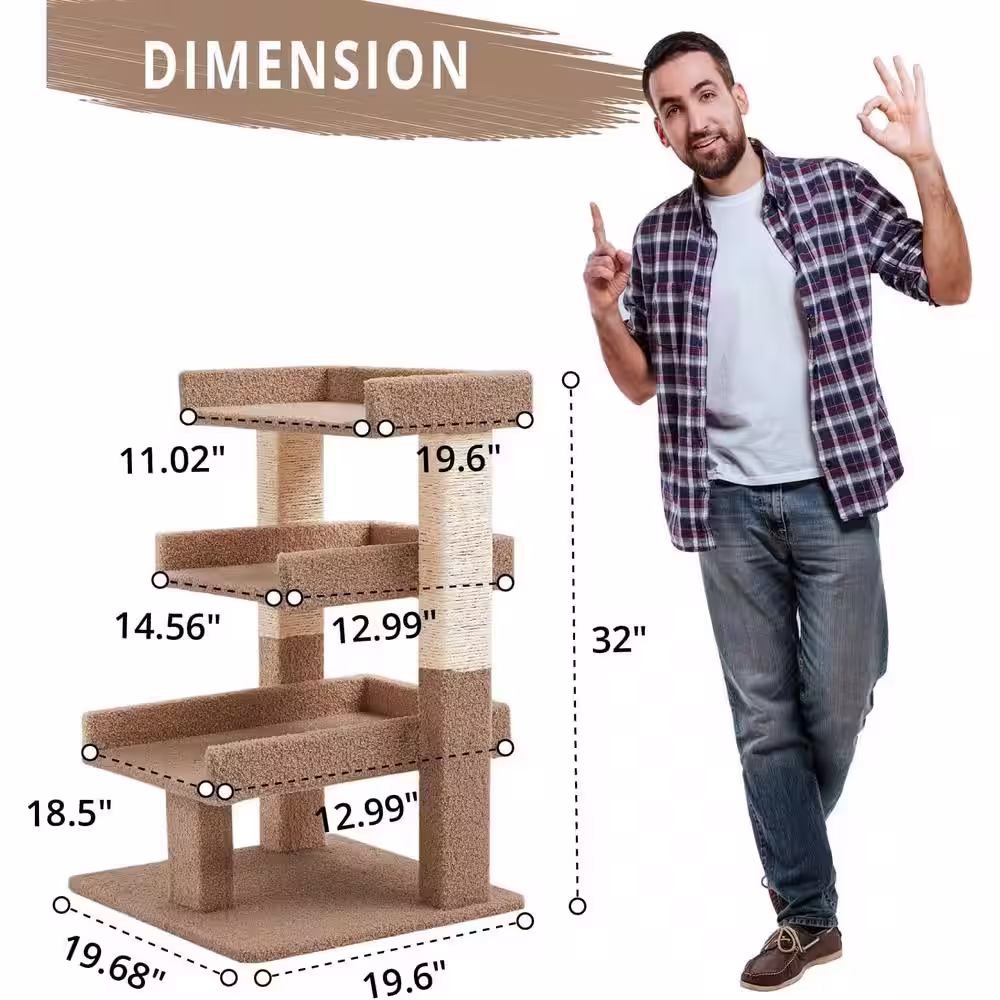 HOMESTOCK Beige Cat Tree for Large Cats, Cat Activity with Scratching Post, Cat Tower for Large Cats, 3 Level Cat Play Perch