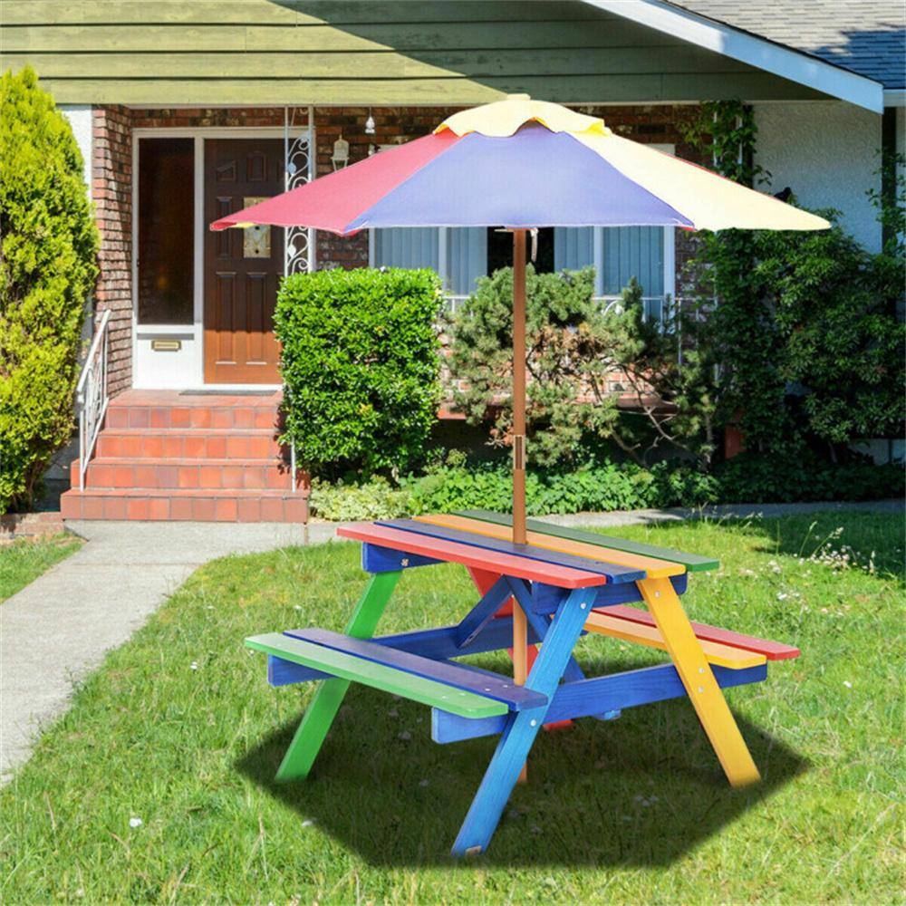 None Outdoor Kids Rainbow Picnic Table Bench Set with Removable Umbrella for Garden, Backyard or Playground 4-Seat