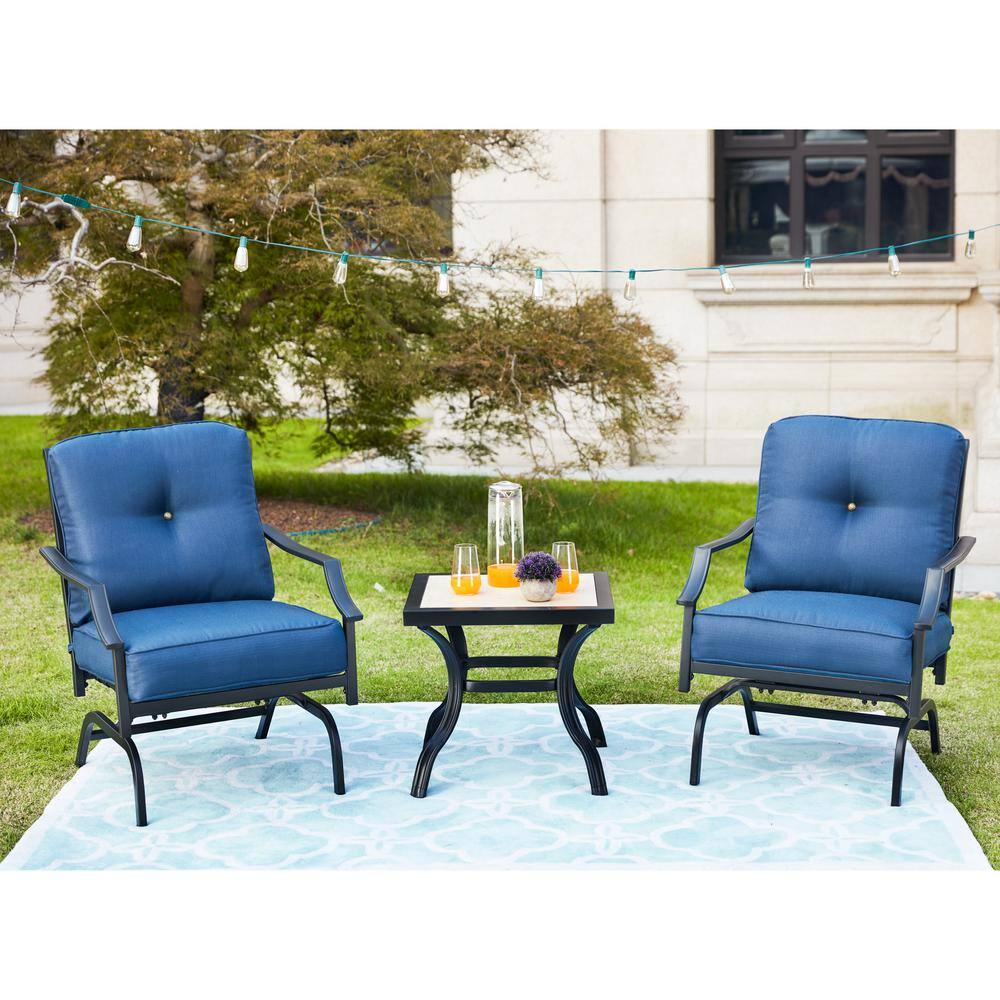 TOP HOME SPACE 3-Piece Metal Square Rocking Outdoor Bistro Set with Blue Cushion