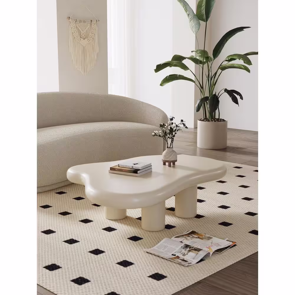 None 48.5 in. Modern Creamy White Medium Specialty Cloud Shaped Composite Top Coffee Table with Sturdy Four Legs