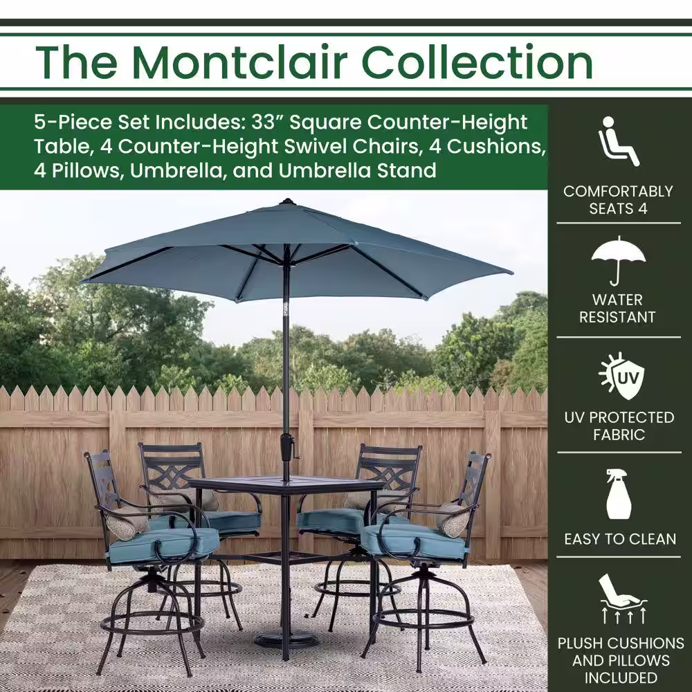 Hanover Montclair 5-Piece Steel Outdoor Dining Set with Ocean Blue Cushions, 4 Swivel Chairs, 33 in. Table and Umbrella