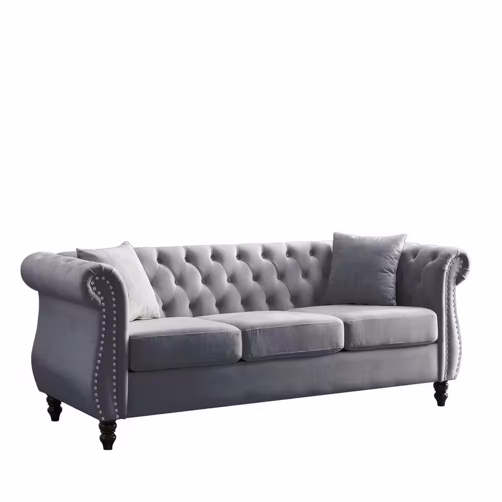 Harper & Bright Designs 80 in. Wide Rolled Arm Rectangle Velvet 3 Seater Chesterfield Sofa with Tufted, Nailhead Design, and 2-pillows in Gray