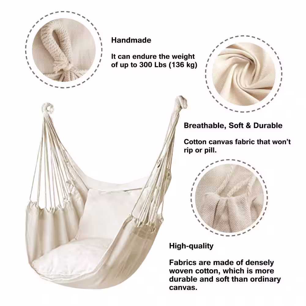 None Hammock Chair Hanging Rope Swing, Max 300 lbs. Hanging Chair with Pocket- Quality Cotton Weave (Beige)