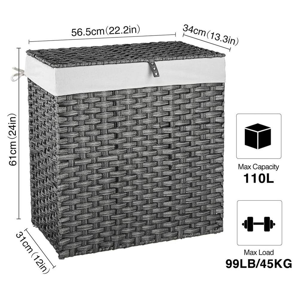None 110L Rattan Laundry Basket Hamper with 2 Removable Liner Bags Gray
