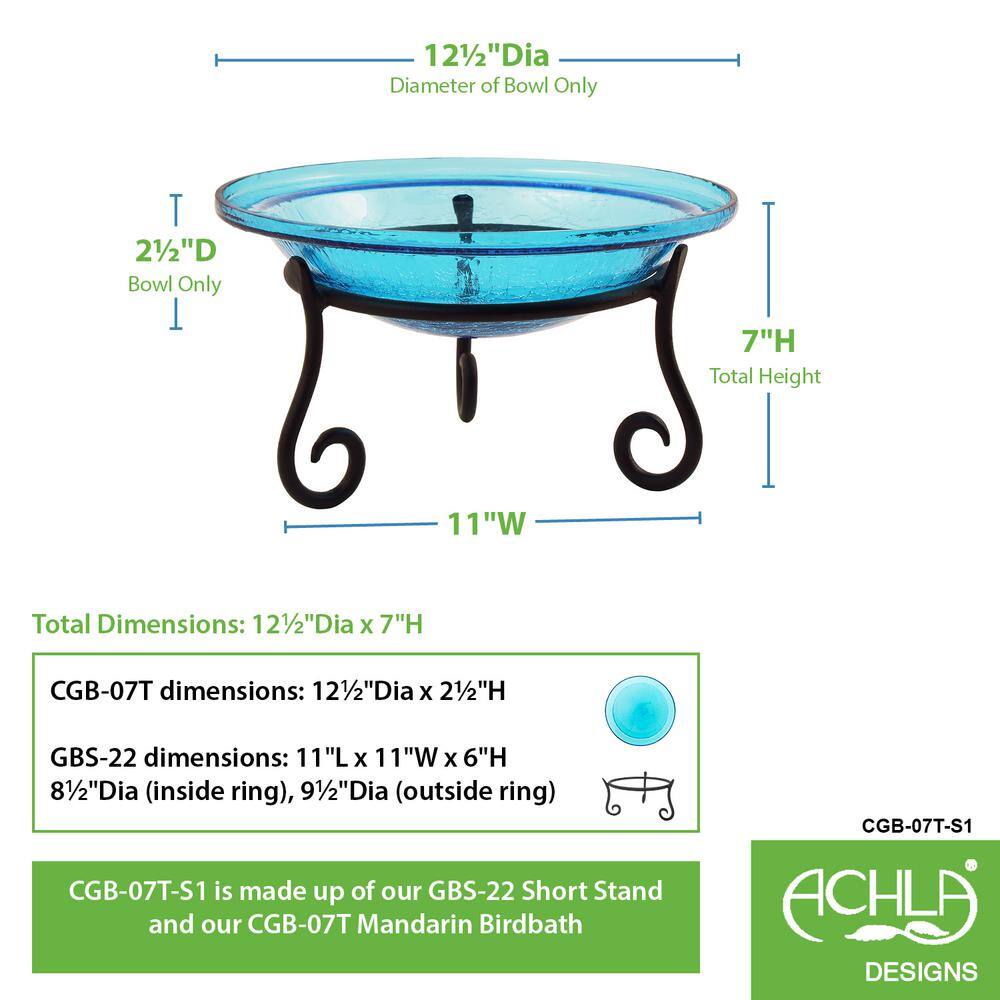 Achla Designs 12.5 in. Dia Teal Blue Reflective Crackle Glass Birdbath Bowl with Short Stand