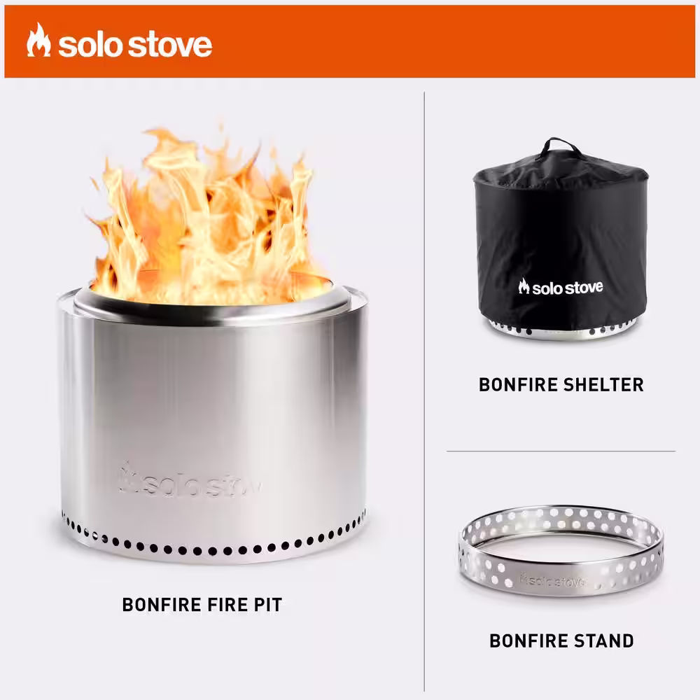 Solo Stove Bonfire, Stand & Shelter 2.0 Bundle 19.5 in. x 19.5 in. x 17.5 in. Outdoor Stainless Steel Wood Burning Fire Pit