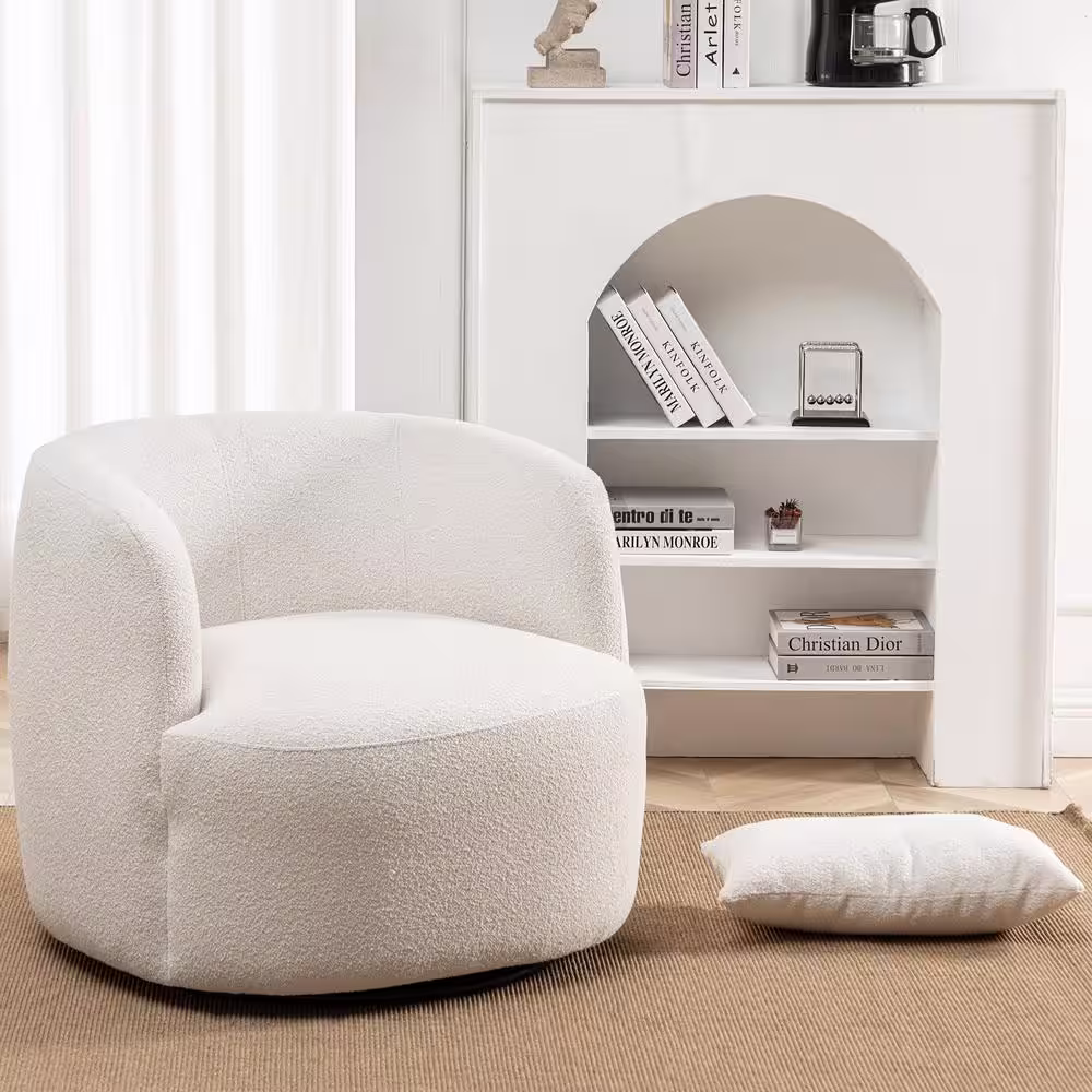 KINWELL Beige Poly Blend Boucle Fabric Upholstered Swivel Armchair