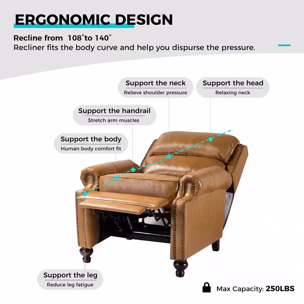 JAYDEN CREATION Elisabete Modern Retro Camel Nail Head Trim Genuine Leather Cigar Recliner with Tapered Birch Wood Legs