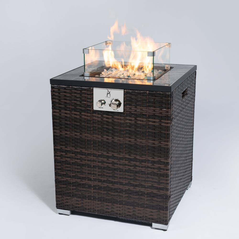 None 28 in. Brown Wicker Square Outdoor Fire Pit Table with Ceramic Tile Tabletop