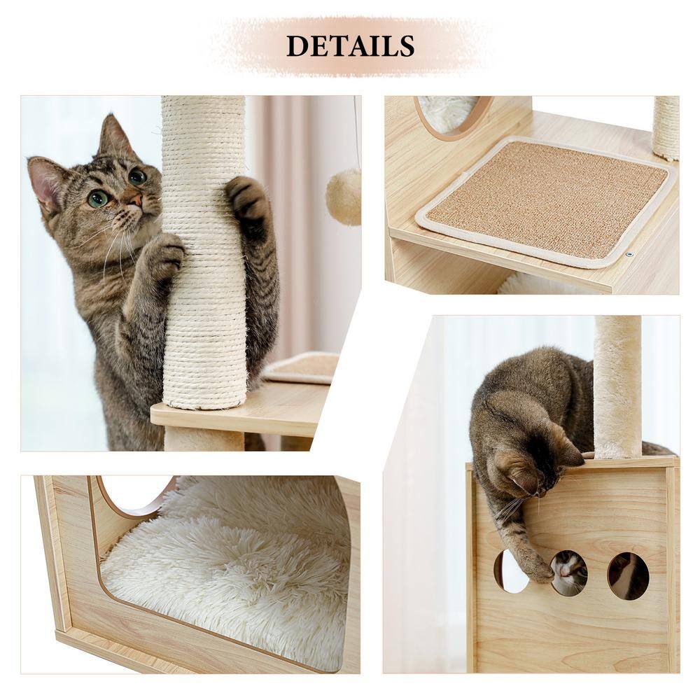 None Modern Luxury Cat Tree Wooden Multi-Level Cat Tower Cat Sky Castle Hammock and Interactive Dangling Ball