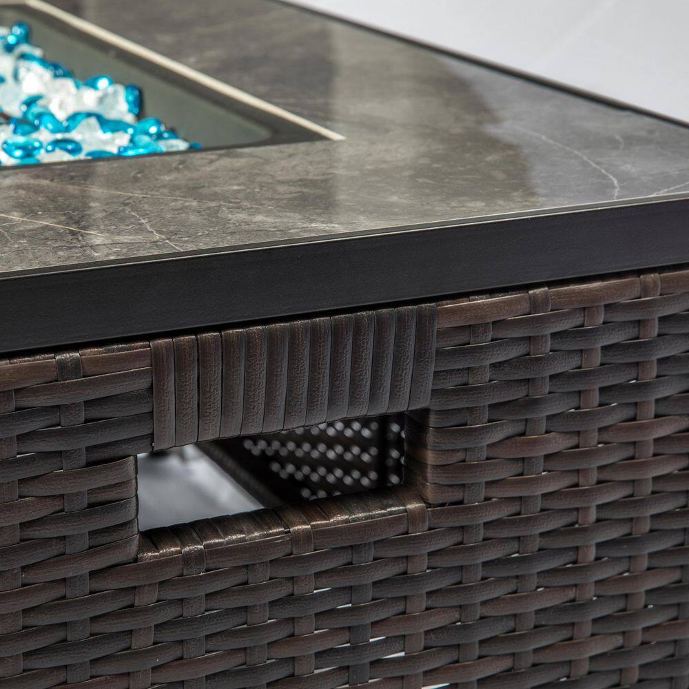 None 50,000 BTU Brown Rattan 32 in. Fire Table Gas Fire Pit Table with Tile Tabletop and Waterproof Rain Cover