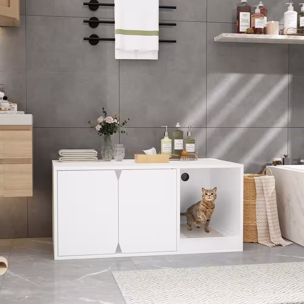 None Cat Litter Box Enclosure Cabinet, Modern Wooden Large Stackable Cat Litter Box Organizer with Litter Catch Box, White