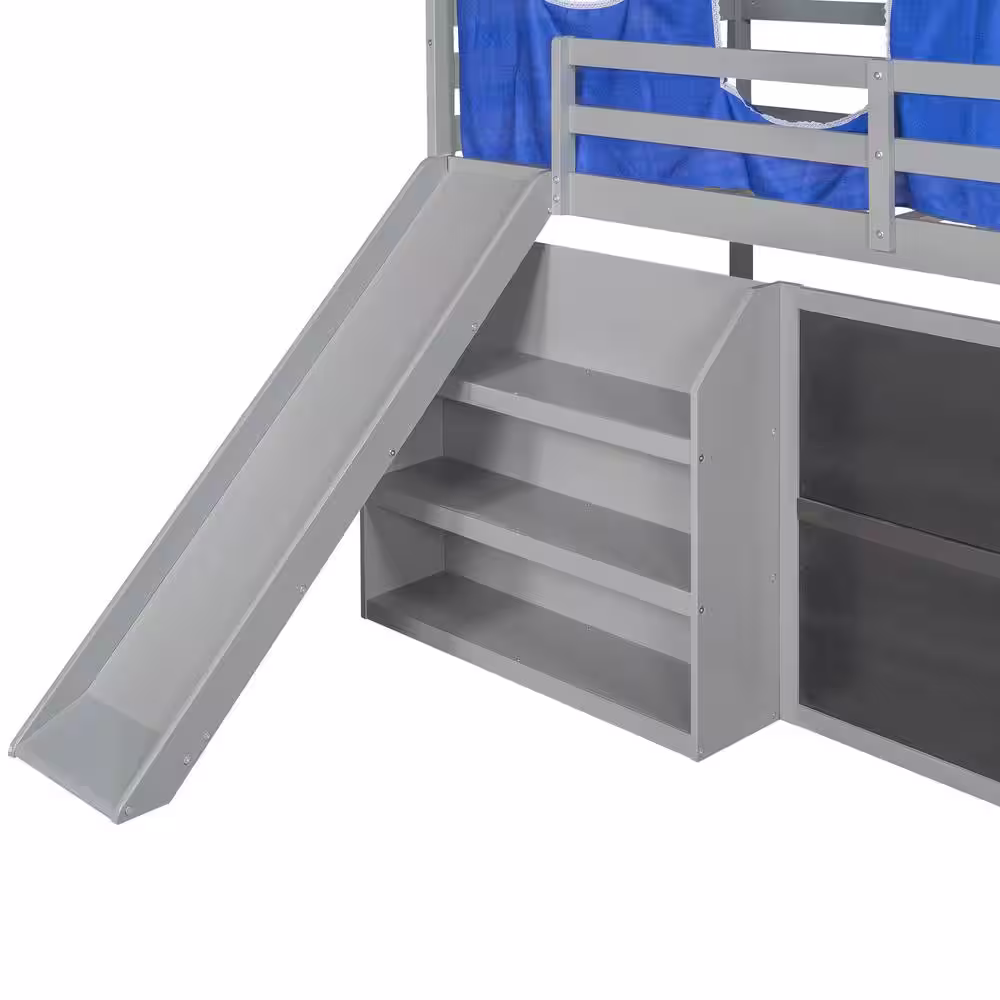 Harper & Bright Designs Gray Twin over Twin Wood House Bunk Bed with Blue Tent, Slide, Shelves, Blackboard, and Ladder