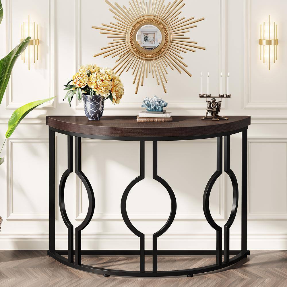 None Turrella 43 in. Brown Half-Moon Wood Console Table for Entryway, Industrial Semi Circle Sofa Table for Living Room