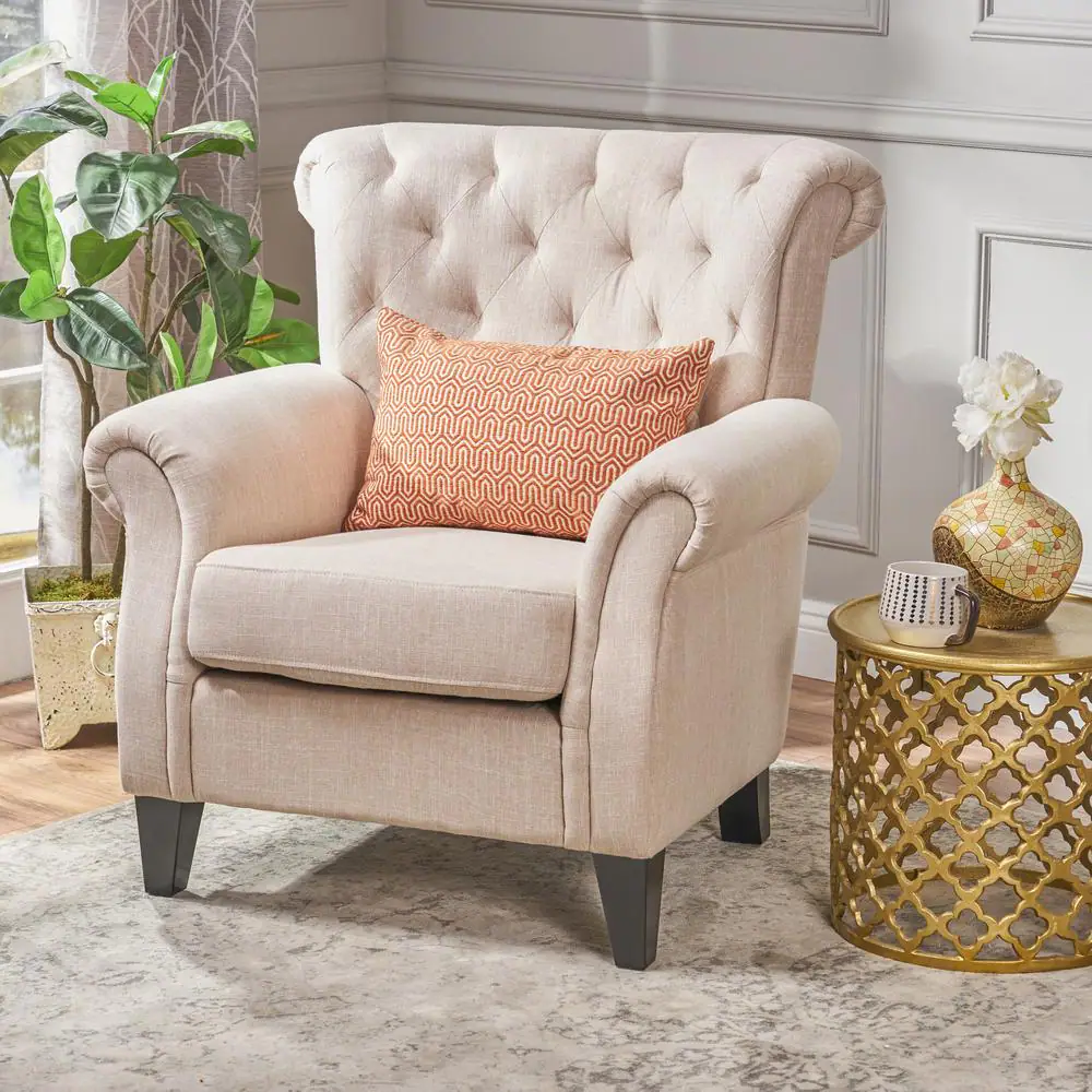 Noble House Merritt Light Beige Fabric Tufted Club Chair