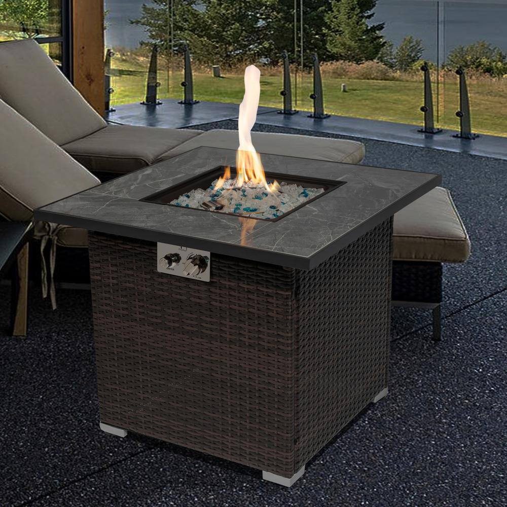 SUNRINX Brown Square Steel 30 in. 40000 BTU Propane Fire Pit Table with Glass Rocks and Rain Cover