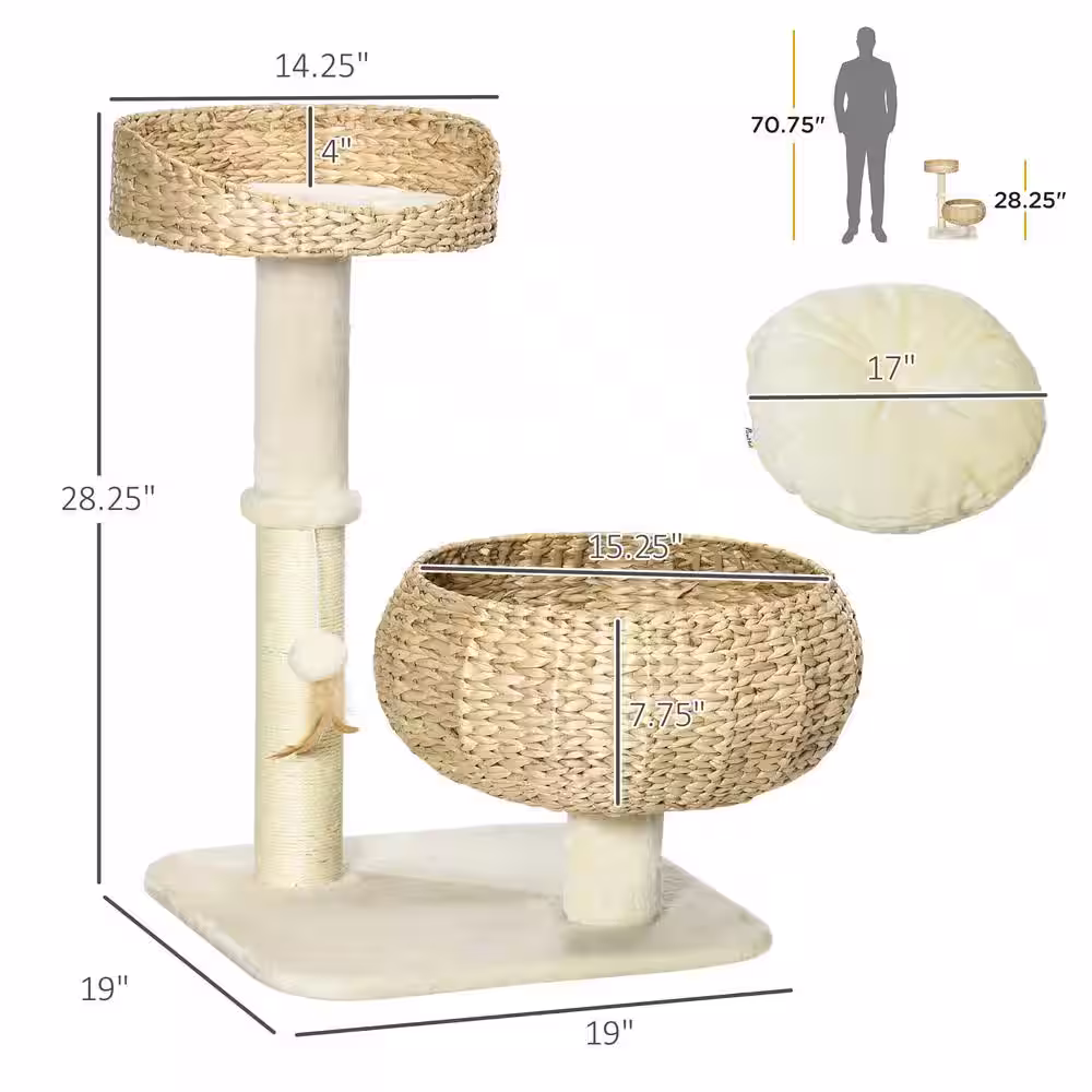 PawHut Cat Tree, Kitty Activity Center, Cat Climbing Toy with Cattail Beds Sisal Scratching Post Ball Toy, Beige