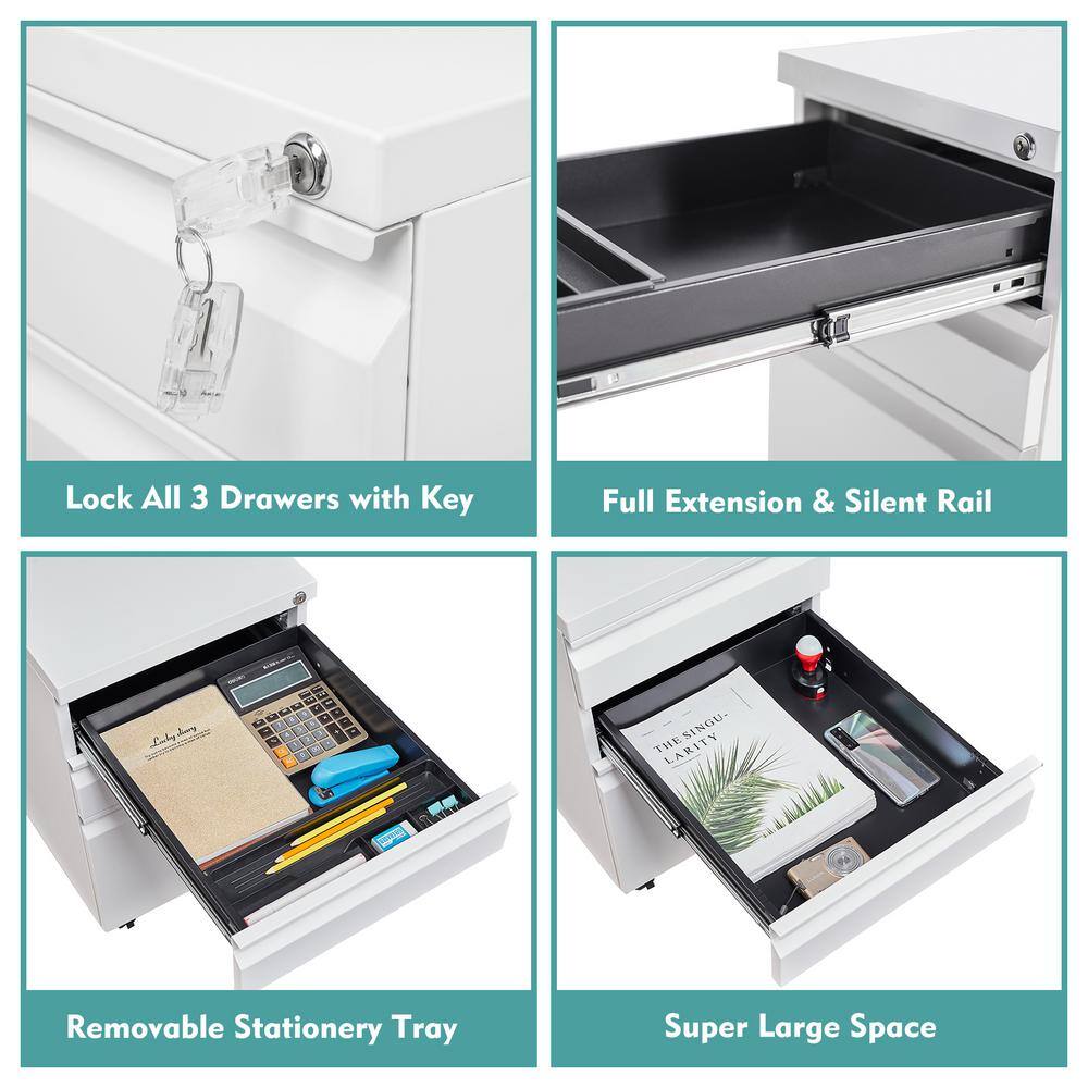 Mlezan White Mobile File Cabinet 14.6 in. W x 17.7 in. D Letter/Legal Metal 3-Drawer with Lock on Wheels