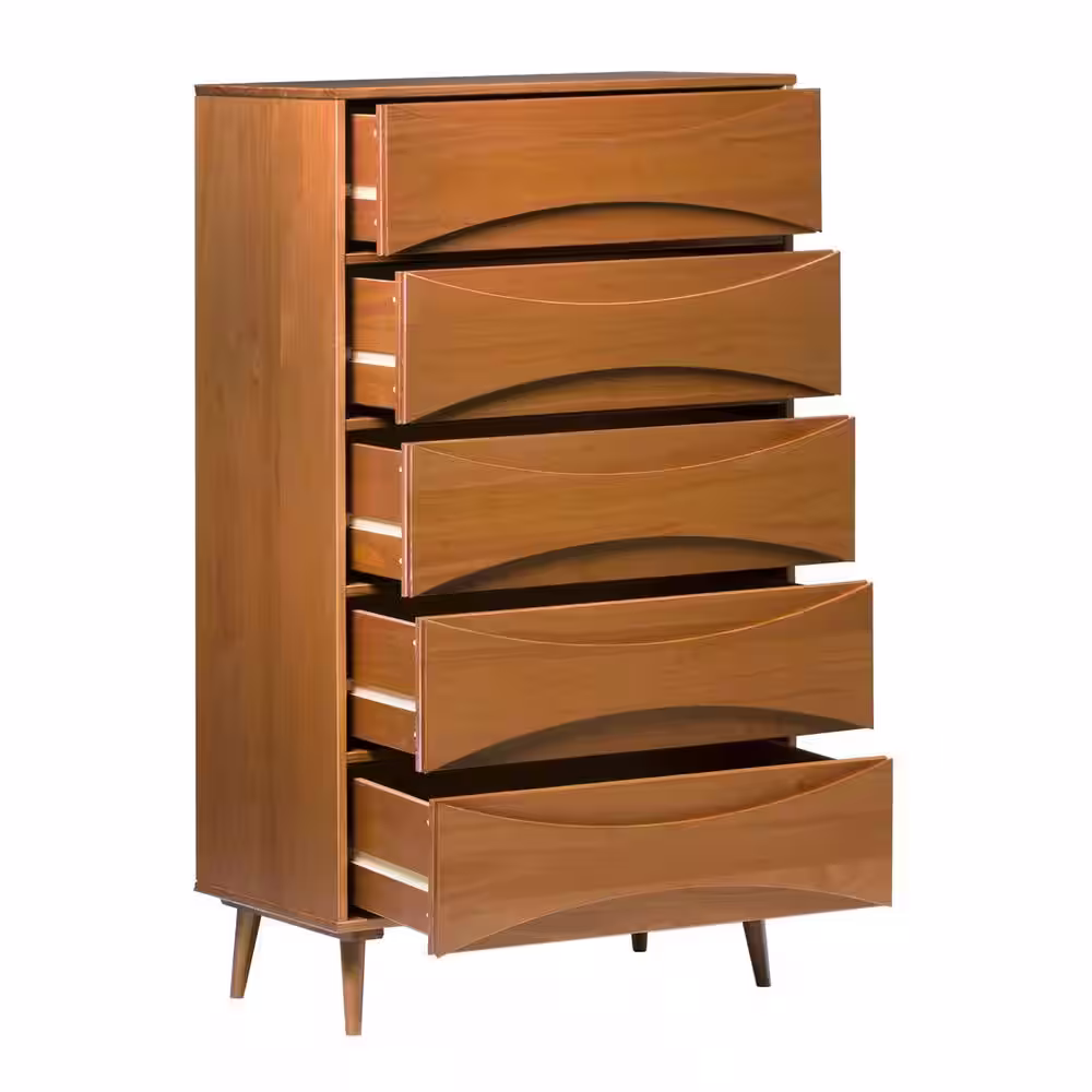 Welwick Designs 5-Drawer Caramel Wood Mid-Century Modern Dresser with Curved Detailing