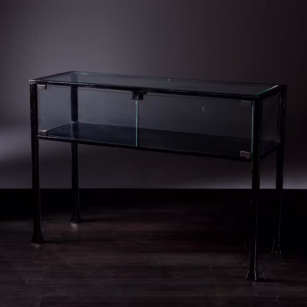 Southern Enterprises 43 in. Black Standard Rectangle Glass Console Table with Storage